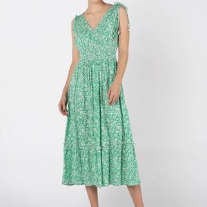 DEX Green Floral Dress Medium Midi Smocked Waist Tie Shoulder Cottagecore Summer